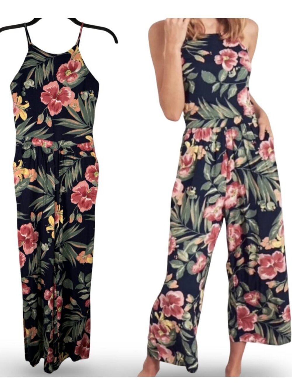 Hollister Floral Boho Halter Jumpsuit Womens XS Navy Wide Leg Pockets Cropped